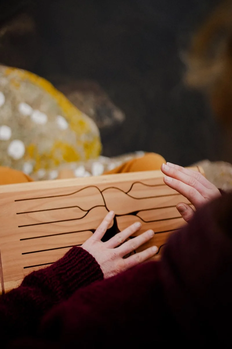 A close-up of hands playing an instrument with wooden tongues. Rocks and sea around.
