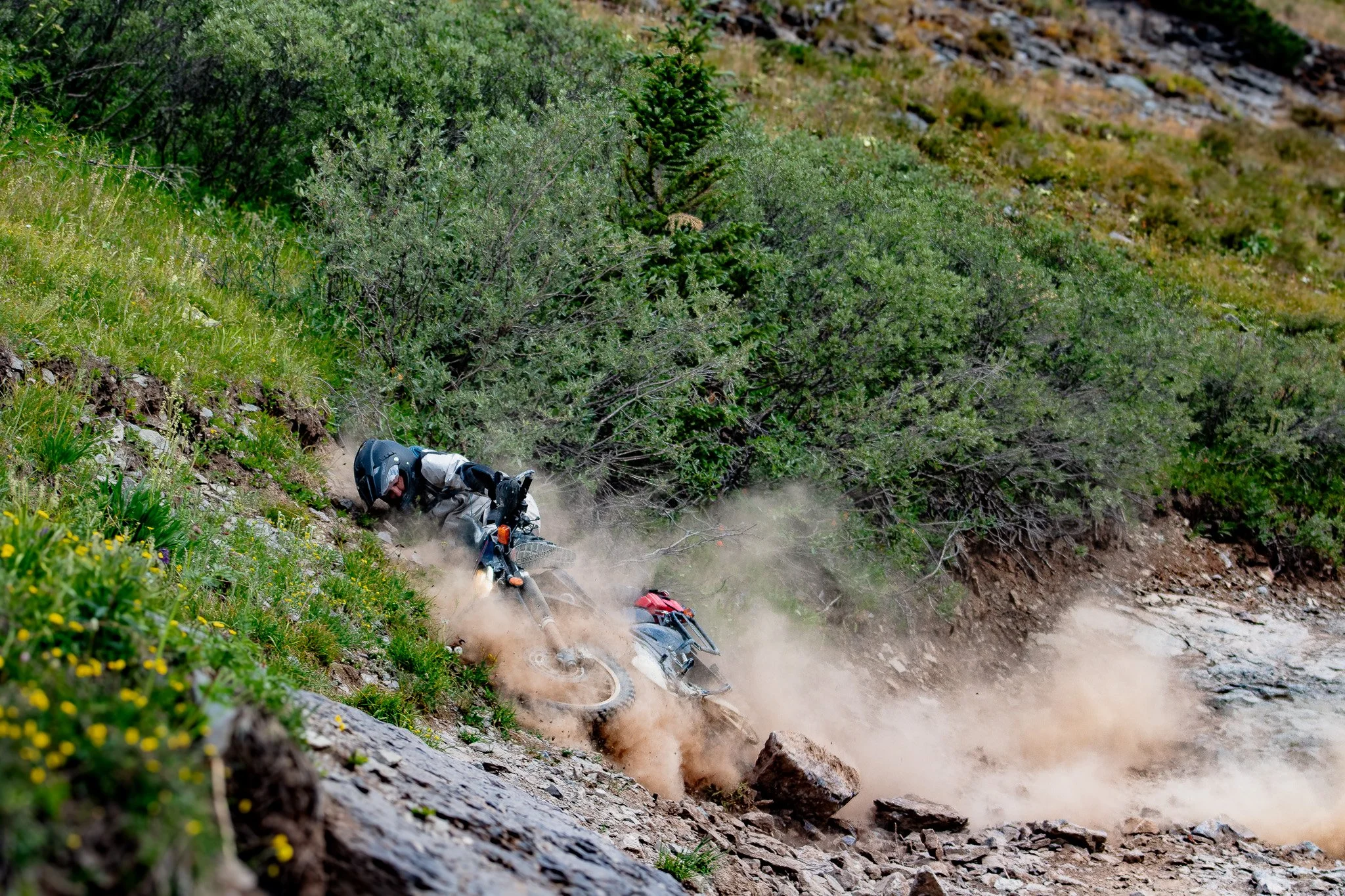Motorcyclist falling off a dirt trail, dust and rocks flying, surrounded by green bushes and rocky terrain.