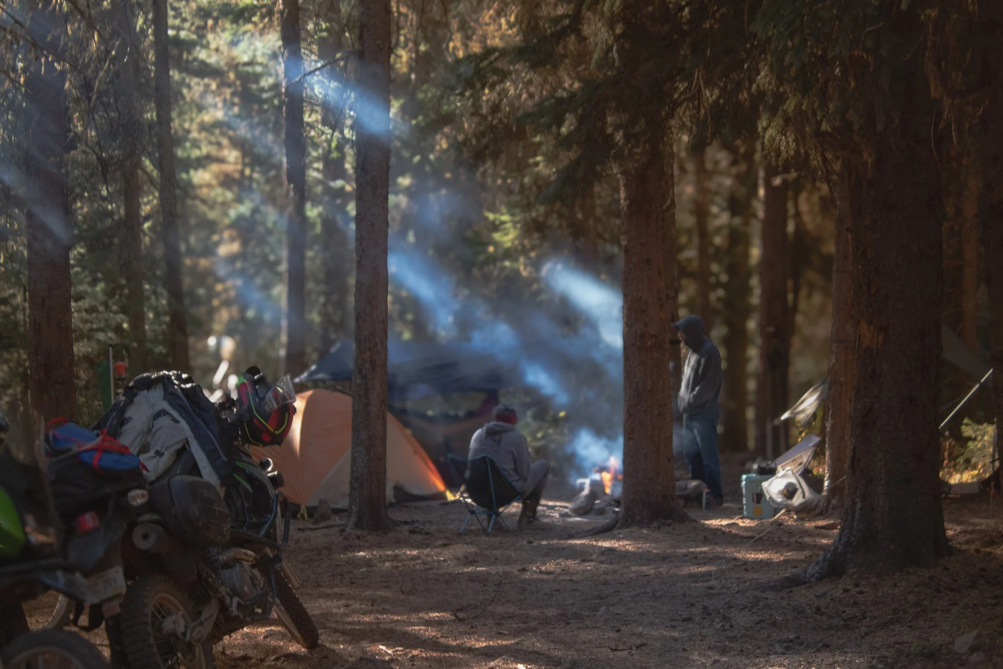 People camping in a forest with tents, motorcycles, and a campfire, surrounded by tall trees and beams of sunlight.