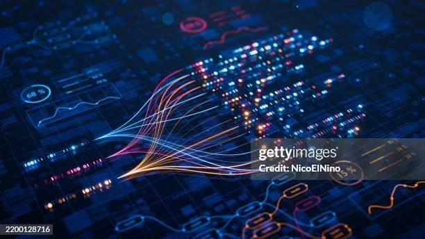 Digital data visualization with interconnected lines and colorful dots on a dark background