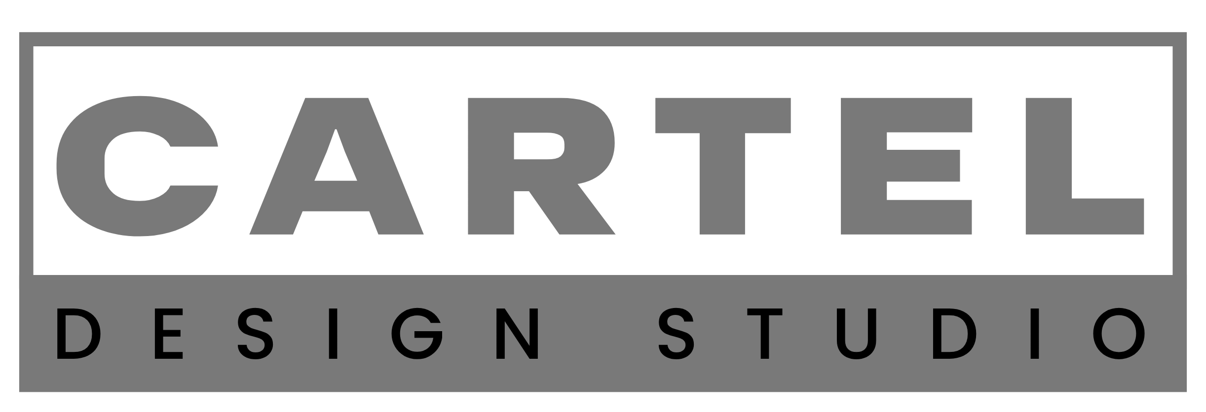 Cartel design studio logo with large gray letters and black text on gray background.