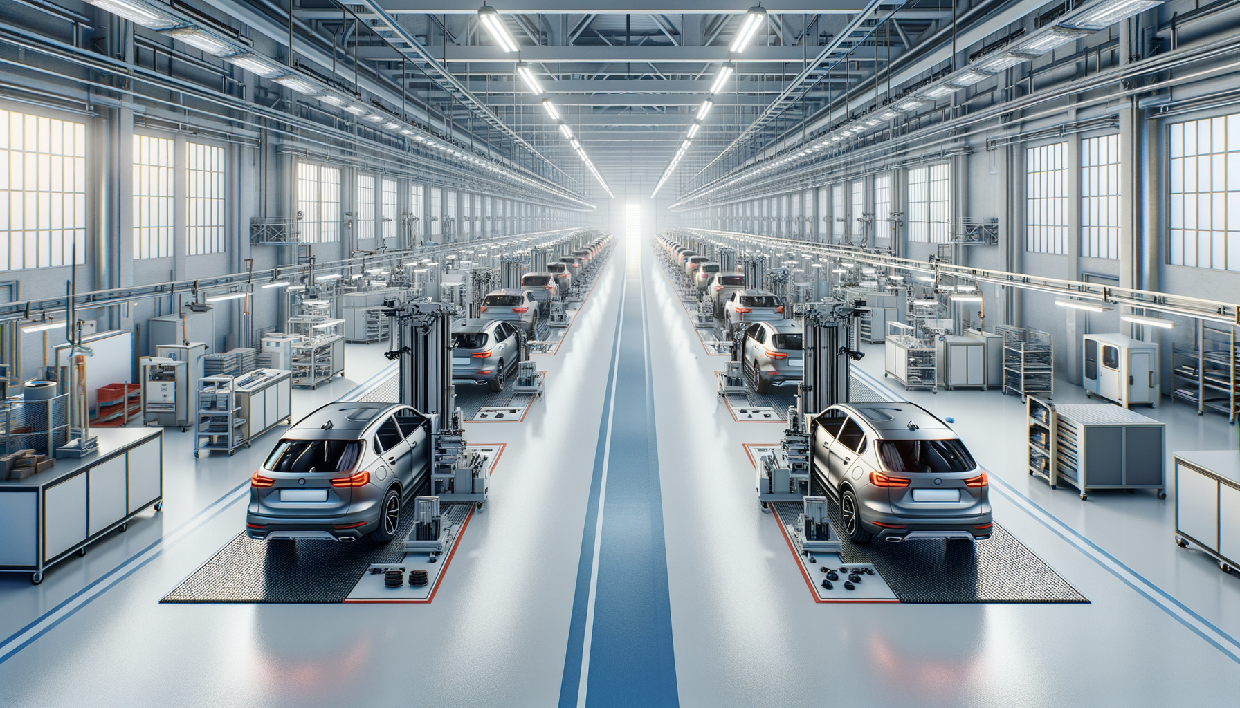 A modern automotive factory with multiple car assembly lines, where cars are being assembled in a spacious, well-lit environment.