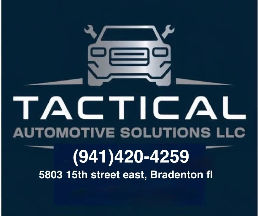 Logo for Tactical Automotive Solutions LLC featuring a stylized car with wrenches as side mirrors, phone number (941) 420-4259, and address 5803 15th Street East, Bradenton, Florida.