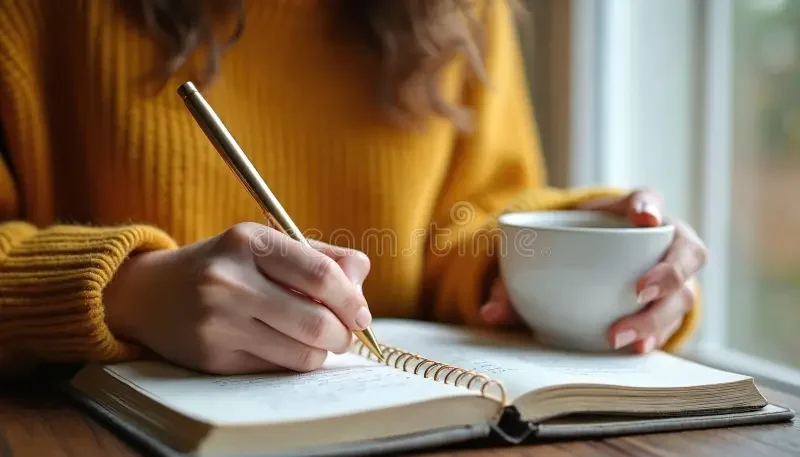 woman-writing-journal-notebook-home-near-window-wearing-cozy-yellow-sweater-holding-cup-tea-relaxation-comfort-warm-autumn-385034803.webp