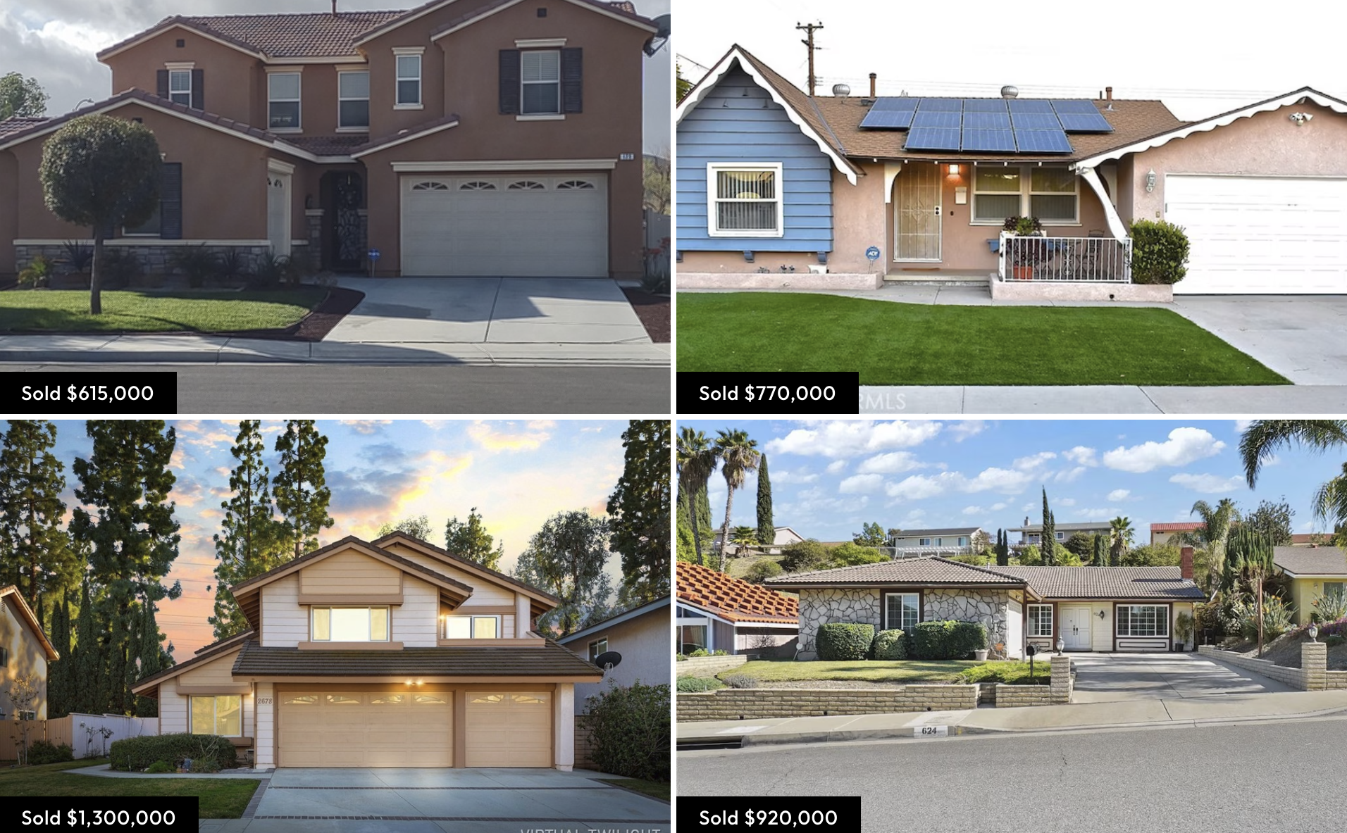 Four different houses with their sale prices. The top left house is a two-story home with a manicured yard, sold for $615,000. The top right house is a single-story home with solar panels, sold for $770,000. The bottom left house is a modern two-stor