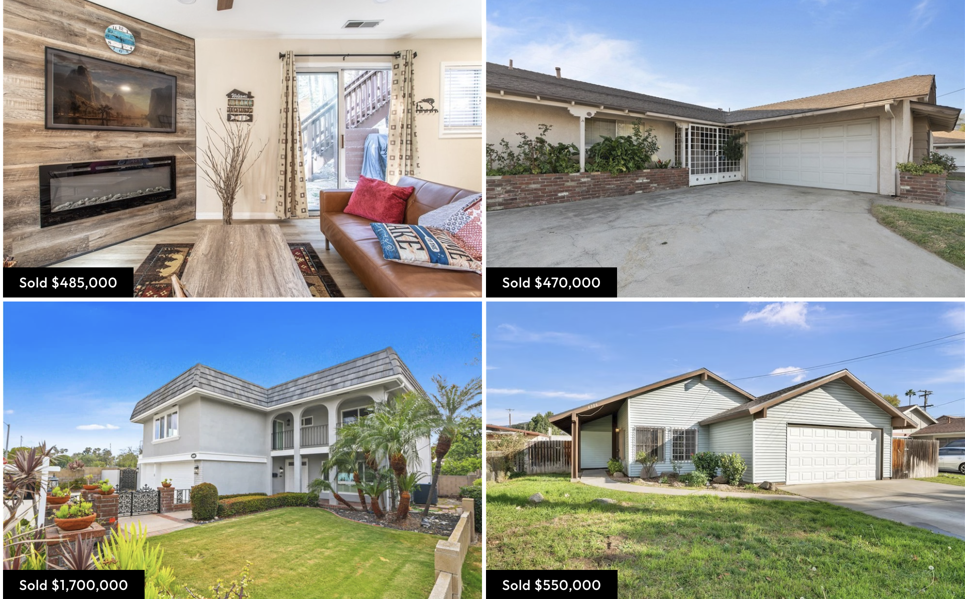 A collage of four images showing different houses and interiors, with sale prices indicated. The top left image features a living room interior with a fireplace, TV, and sliding glass door leading outside. The top right image shows the exterior of a 