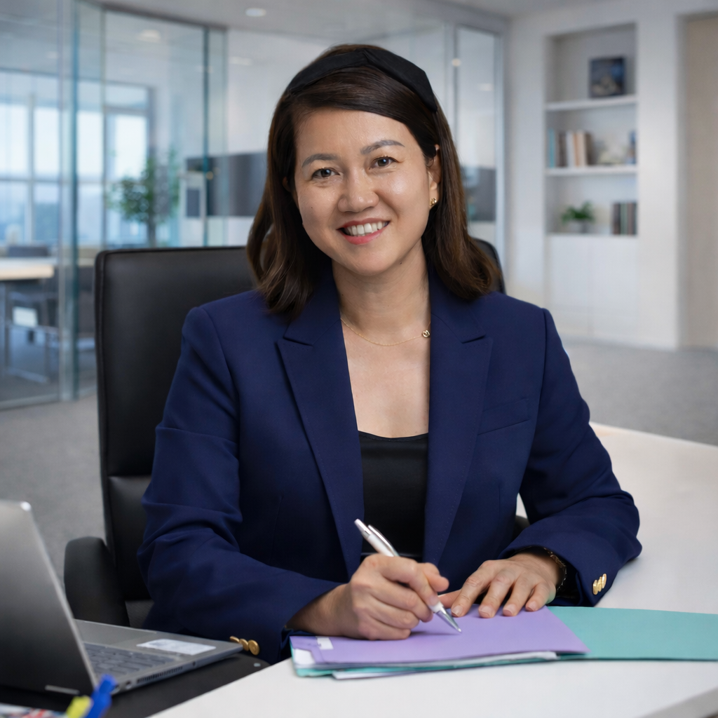 A professional woman in a navy blazer sitting at a desk, smiling, with a laptop and folders in a modern office.