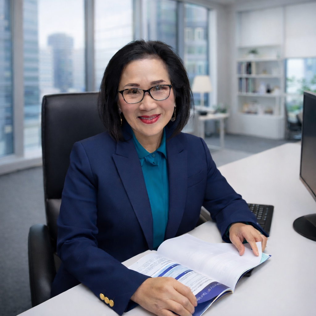 A professional woman sitting at a desk in an office with large windows, wearing glasses and a blue blazer, smiling at the camera with an open magazine.