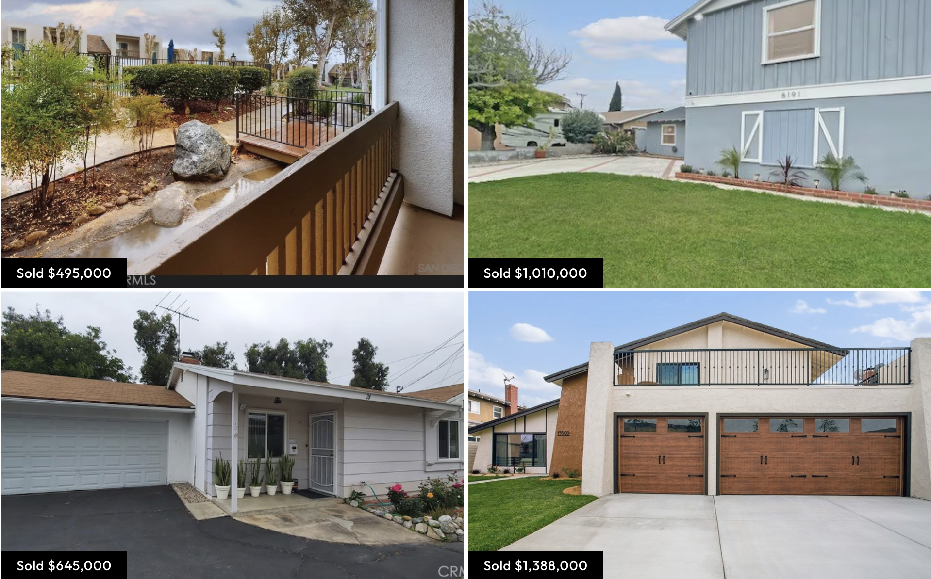 Four photographs of houses and properties with sale prices. Top left shows a balcony with a garden, sold for $495,000. Top right shows a house with a green lawn, sold for $1,010,000. Bottom left shows a white house with a driveway, sold for $645,000.