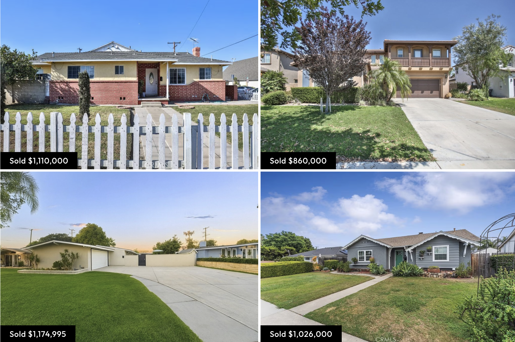Four houses with prices and sale statuses: top left house sold for $1,110,000, top right house sold for $860,000, bottom left house sold for $1,174,995, bottom right house sold for $1,026,000.