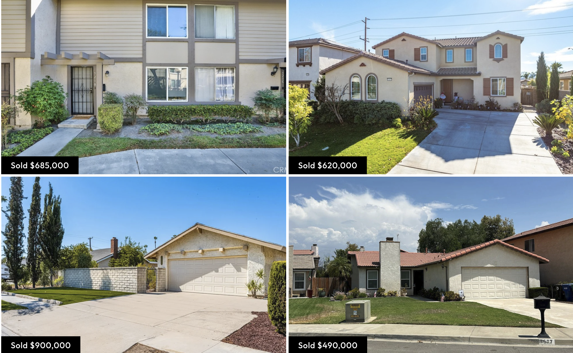 Compilation of four houses that have been sold, with sale prices displayed on each. The houses vary in style and size, with the top two featuring multi-story designs, and the bottom two being single-story homes. The prices range from $490,000 to $900