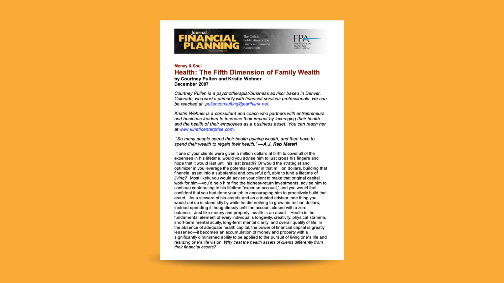 Health: The Fifth Dimension of Family Wealth