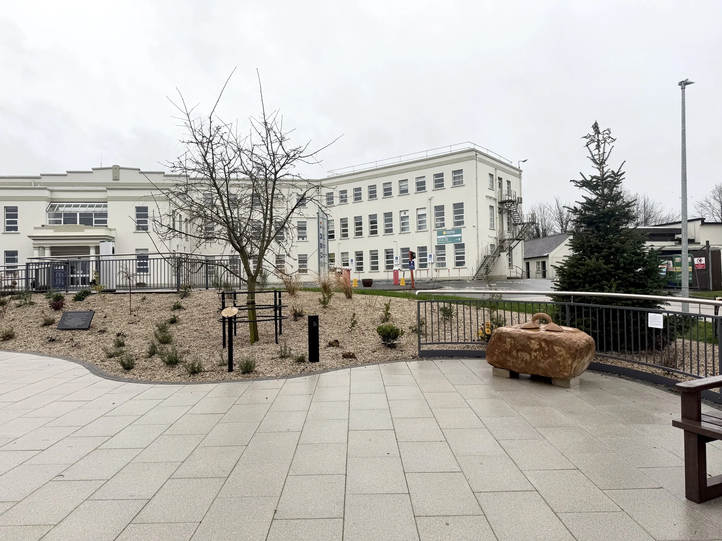 Outdoor scene featuring a leafless tree, a grassy area with small plants, a large rock with a carved sculpture on top, a fence, and a white multi-story building with fire escape stairs outside.