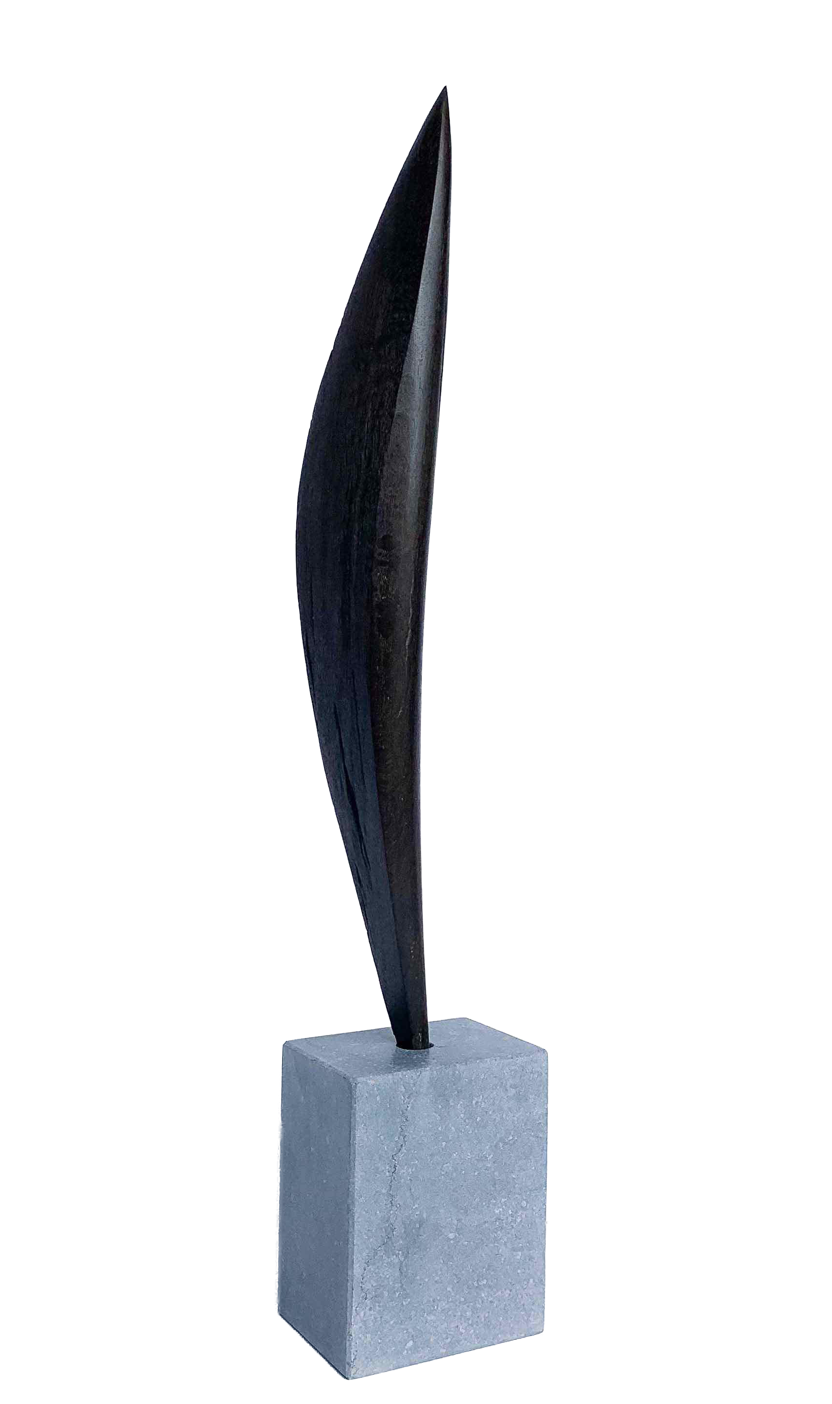 Modern outdoor sculpture with a sleek black curved piece on a concrete base.