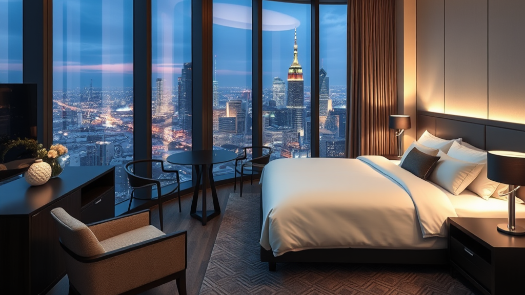 A modern hotel room with a large bed, bedside tables with lamps, a sitting chair, a small round table, and large windows with a view of New York City, including the Empire State Building, at dusk.