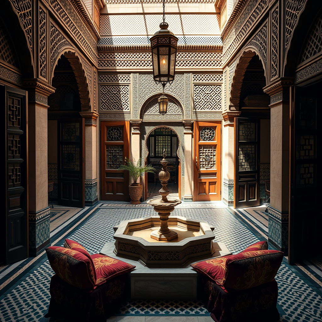 An ornate indoor courtyard with intricate patterns on the walls and ceiling, a central fountain, two red cushioned chairs, and decorative wooden doors and windows, with sunlight coming through a skylight.