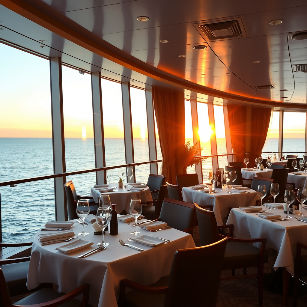 Elegant restaurant dining area on a cruise ship, with tables set with white tablecloths, wine glasses, and silverware, overlooking the ocean during sunset.
