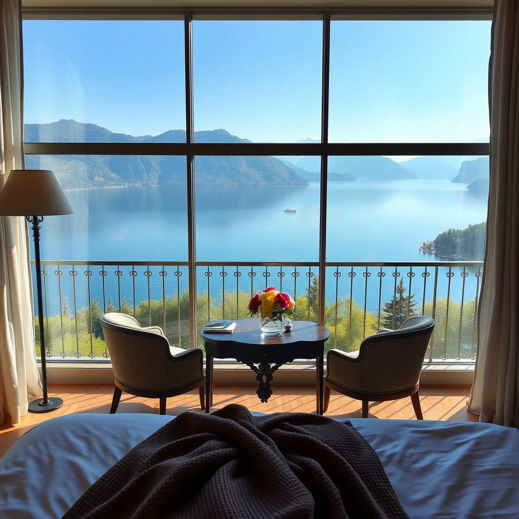 View from a hotel room window overlooking a large lake with mountains in the distance, two chairs and a table with a flower vase in the foreground.