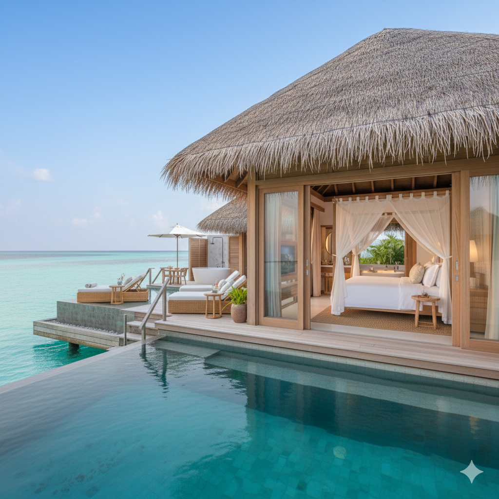 Overwater bungalow with thatched roof, outdoor pool, and ocean view, featuring a bedroom with white drapes and a sitting area, on a tropical beach