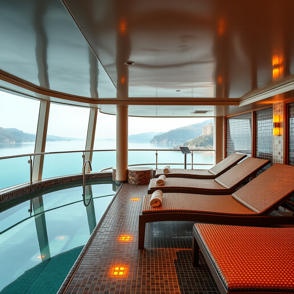 Indoor hot tub and lounge chairs with a balcony view of the water and mountains.