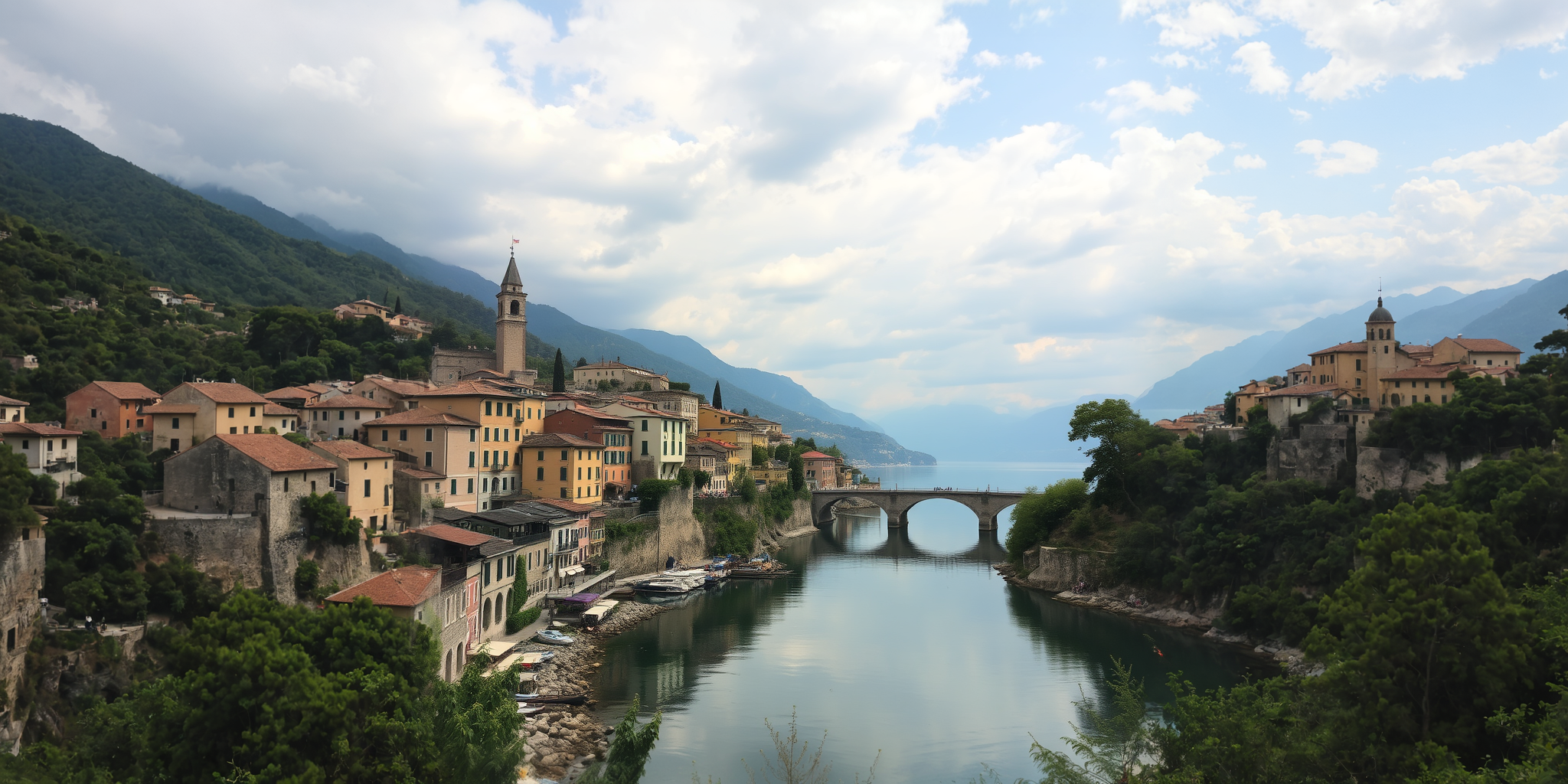 Italian coastal town with colorful buildings on hills, a bridge over a waterway, and mountains in the background under a cloudy sky.