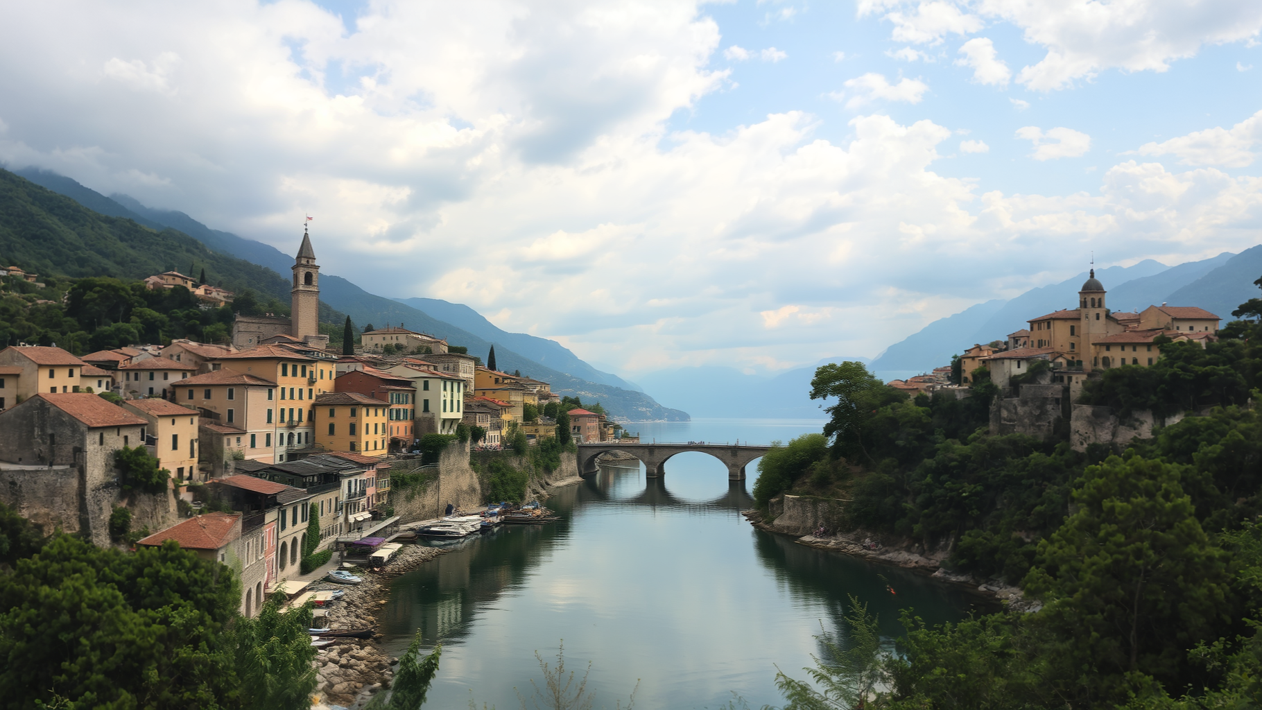 Scenic view of a lakeside Italian town with colorful buildings, a stone bridge, and green hillside mountains under a partly cloudy sky.