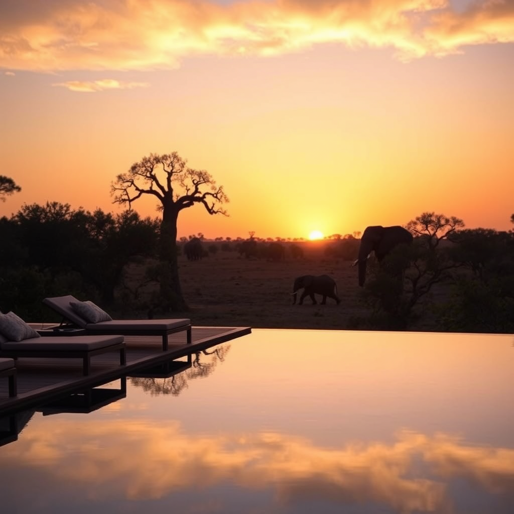 Sunset view over African savannah with elephants, trees, and a reflection of the sky in a pool.