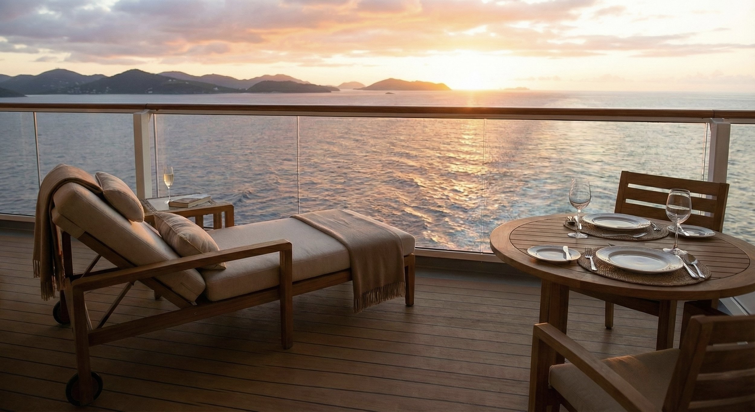 A luxurious ship balcony with a lounge chair, a round dining table set with plates, glasses, and silverware, overlooking the ocean at sunset with mountains in the background.