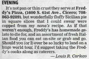 Text about Fredy's Pizza and its menu, mentioning Sicilian pizza, homemade gelato, and catering suggestions by Louis R. Carizzo.