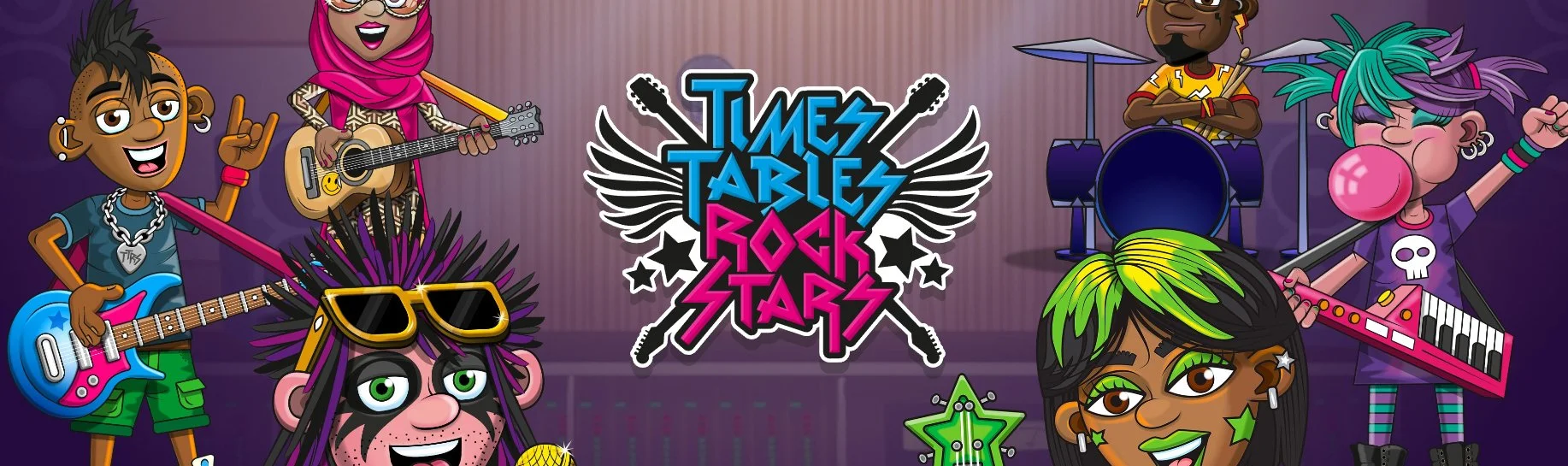 Cartoon band of diverse young musicians performing on stage with instruments, colorful hair, and sunglasses, with a band logo reading 'Times Tables Rock Stars' in the background.
