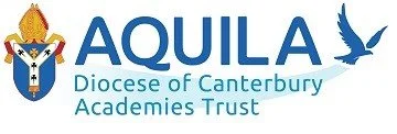 A logo for Aquila Diocese of Canterbury Academies Trust featuring a shield with a cross, an eagle, and stylized blue text.