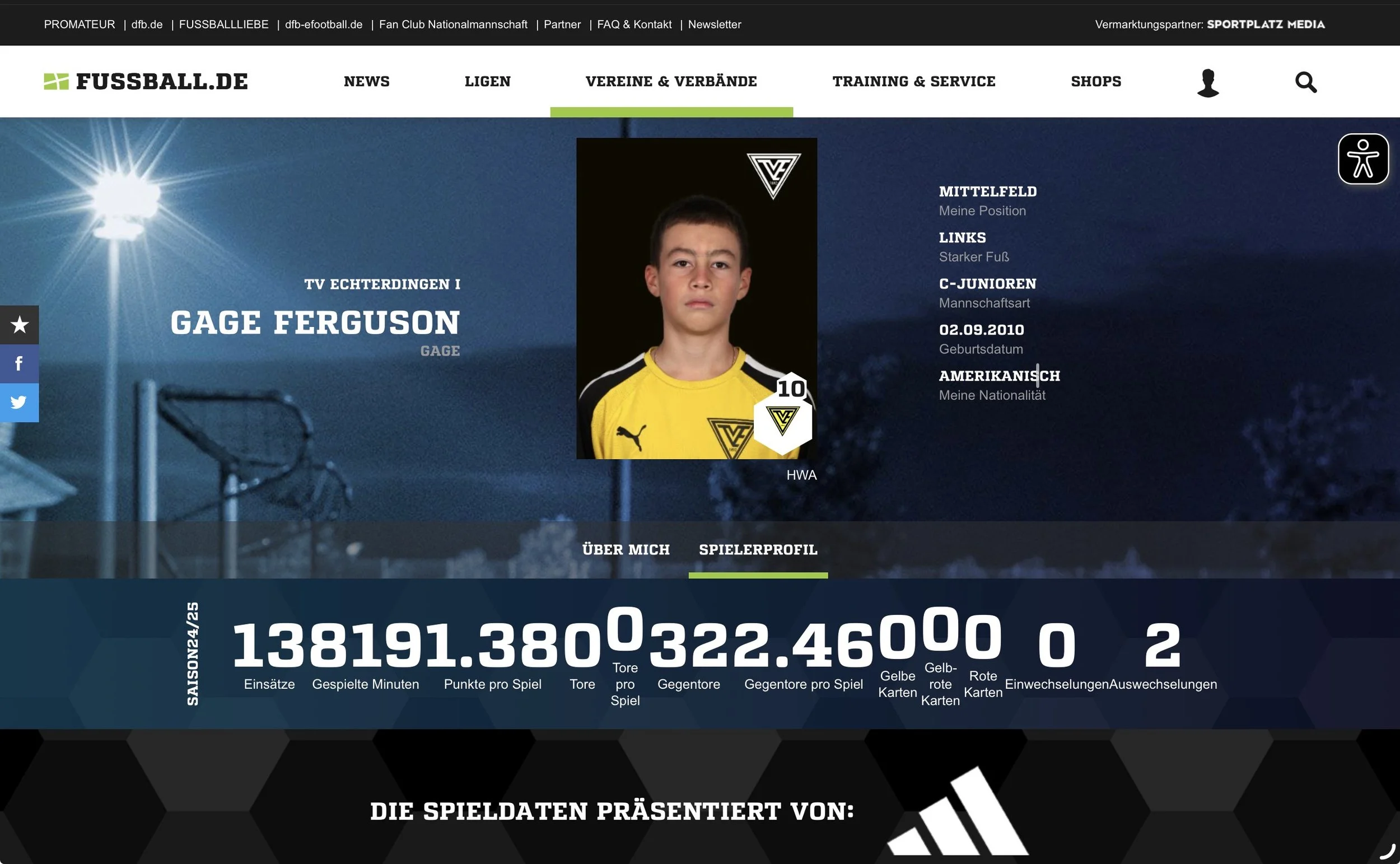 Screenshot of a soccer player's profile webpage featuring young player Gage Ferguson, wearing a yellow team jersey, with statistics and personal details visible.