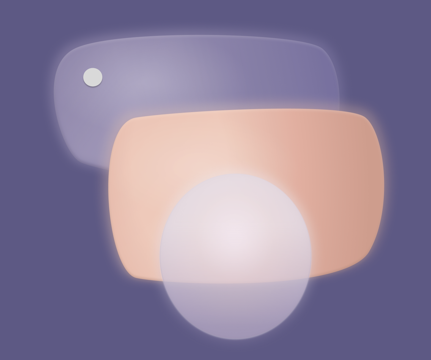 Abstract digital logo with soft pastel-colored shapes and glowing circles on a gloamy indigo background.