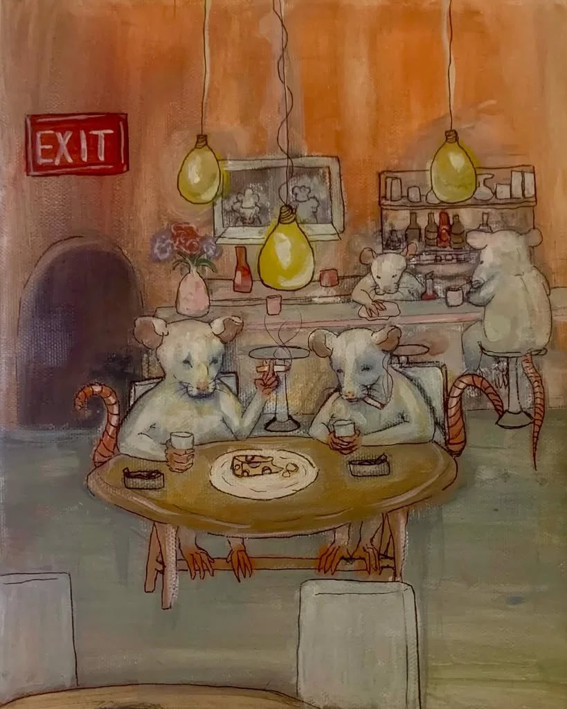watercolor illustration of a cozy bar with anthropomorphic mice drinking and socializing, hanging light bulbs, a bar counter in the background with a bartender, and an exit door on the left.