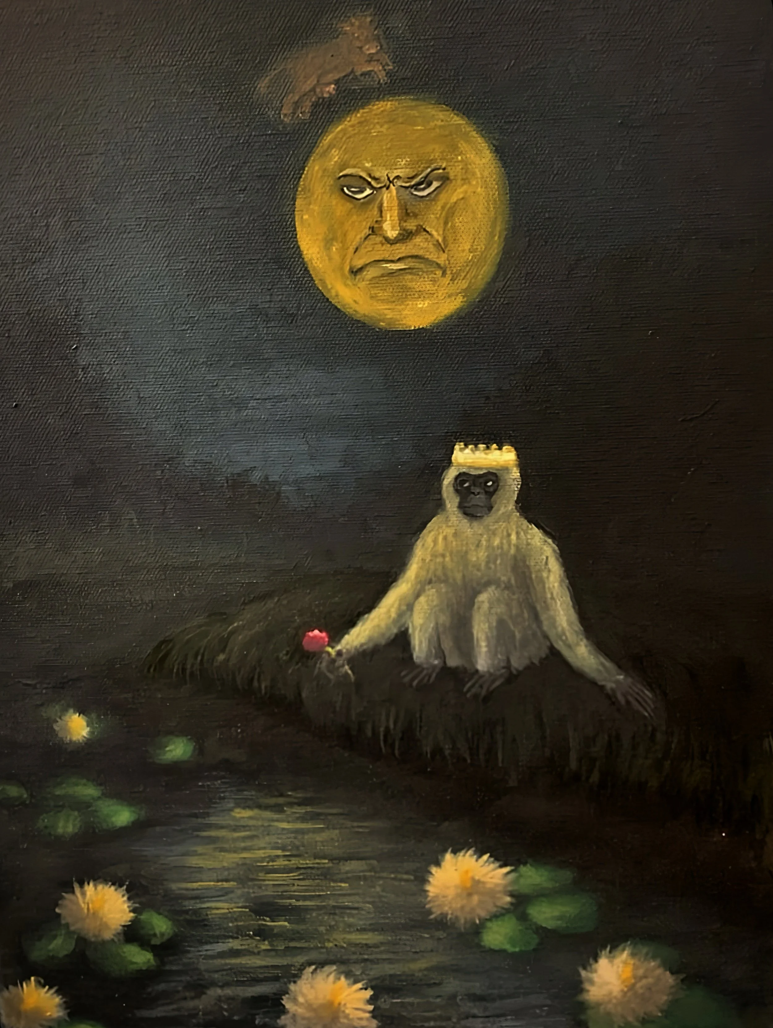A surreal painting depicting a white monkey with a crown sitting on a dark island surrounded by water lilies, with a large, angry-looking moon with human facial features in the sky and a dark cloud above it.