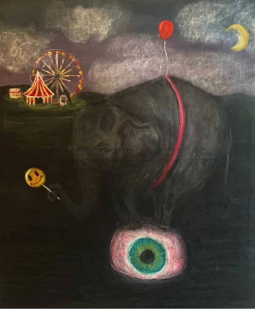 Surreal painting depicting an elephant with an eye on the ground, a red balloon tied to the elephant's head, a yellow crescent moon and a sun in the dark sky, with a carnival tent, Ferris wheel, and small amusement rides on a hill in the background.