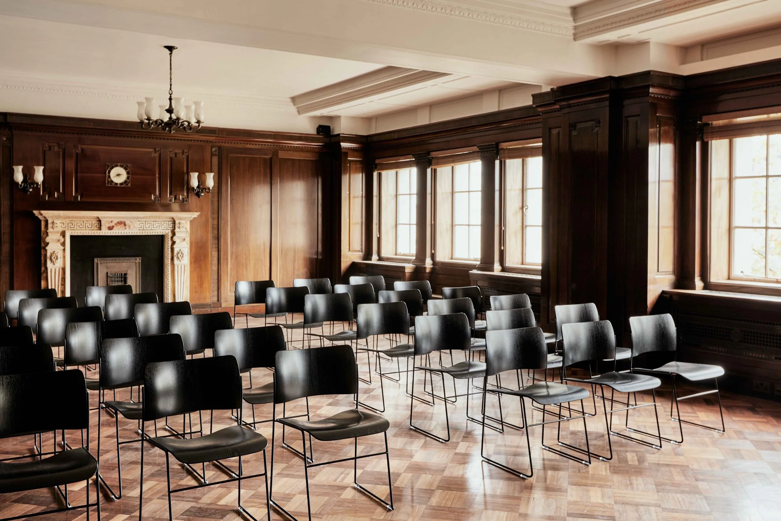 A wood-panelled event room at Victoria House, London