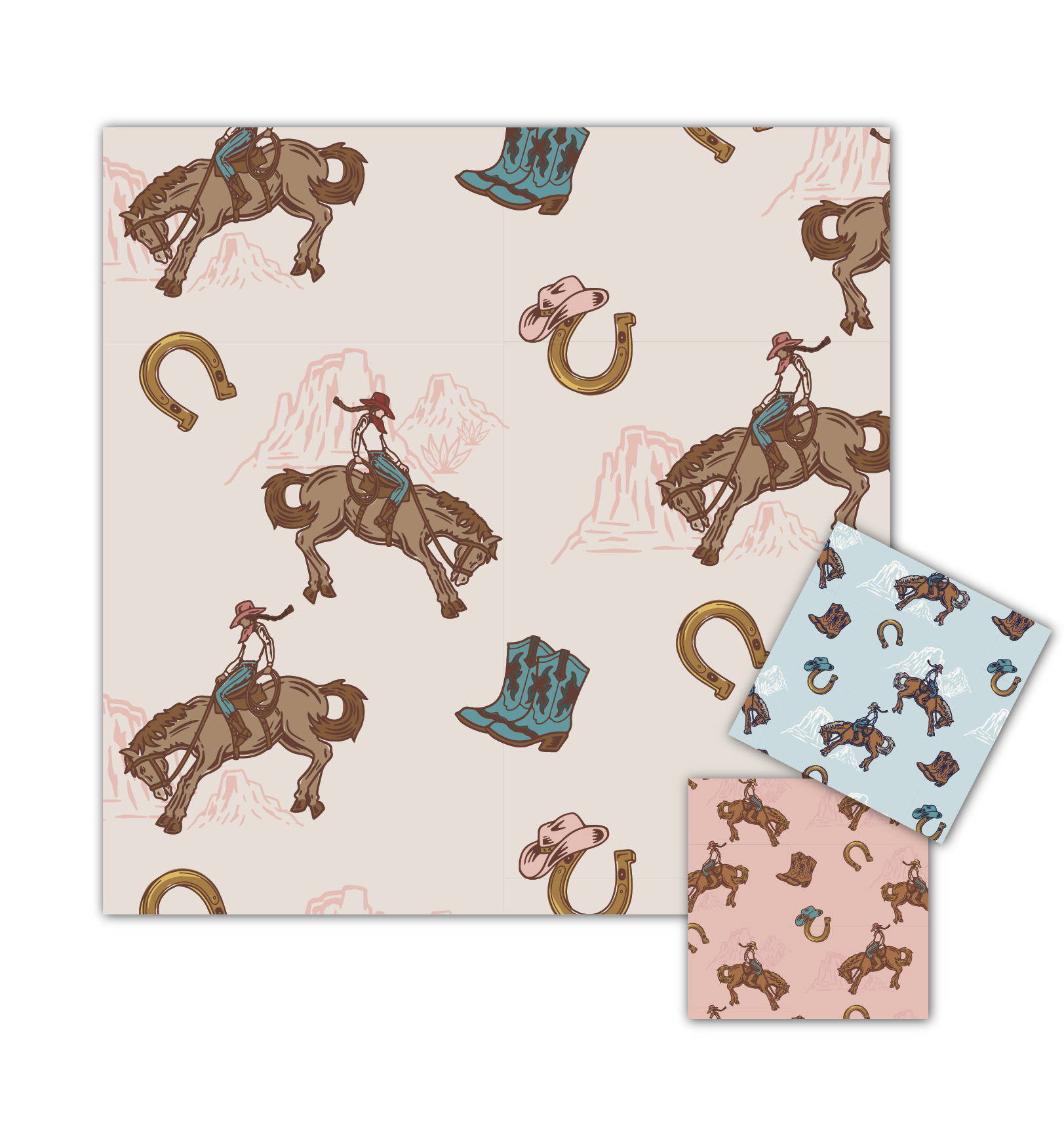 Women's and kid's repeat pattern or print for western wear with cowgirls, horses, boots, horseshoes in multiple colorways.