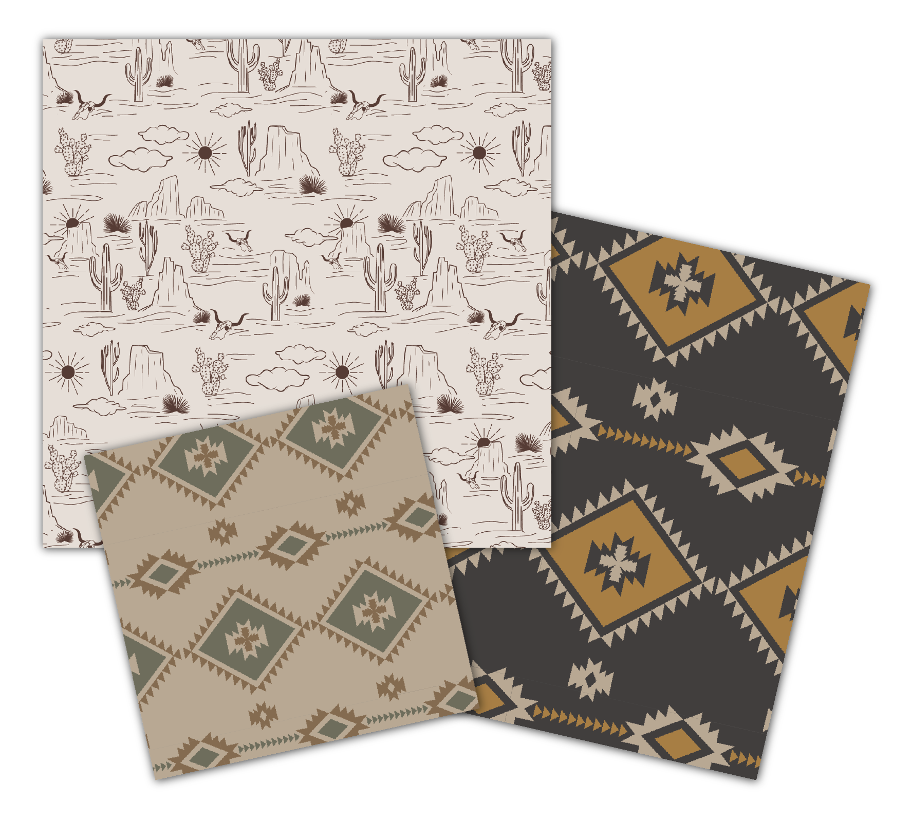 Men's and boy's southwest and western style repeat patterns or prints with desert landscape and aztec motifs in multiple colorways