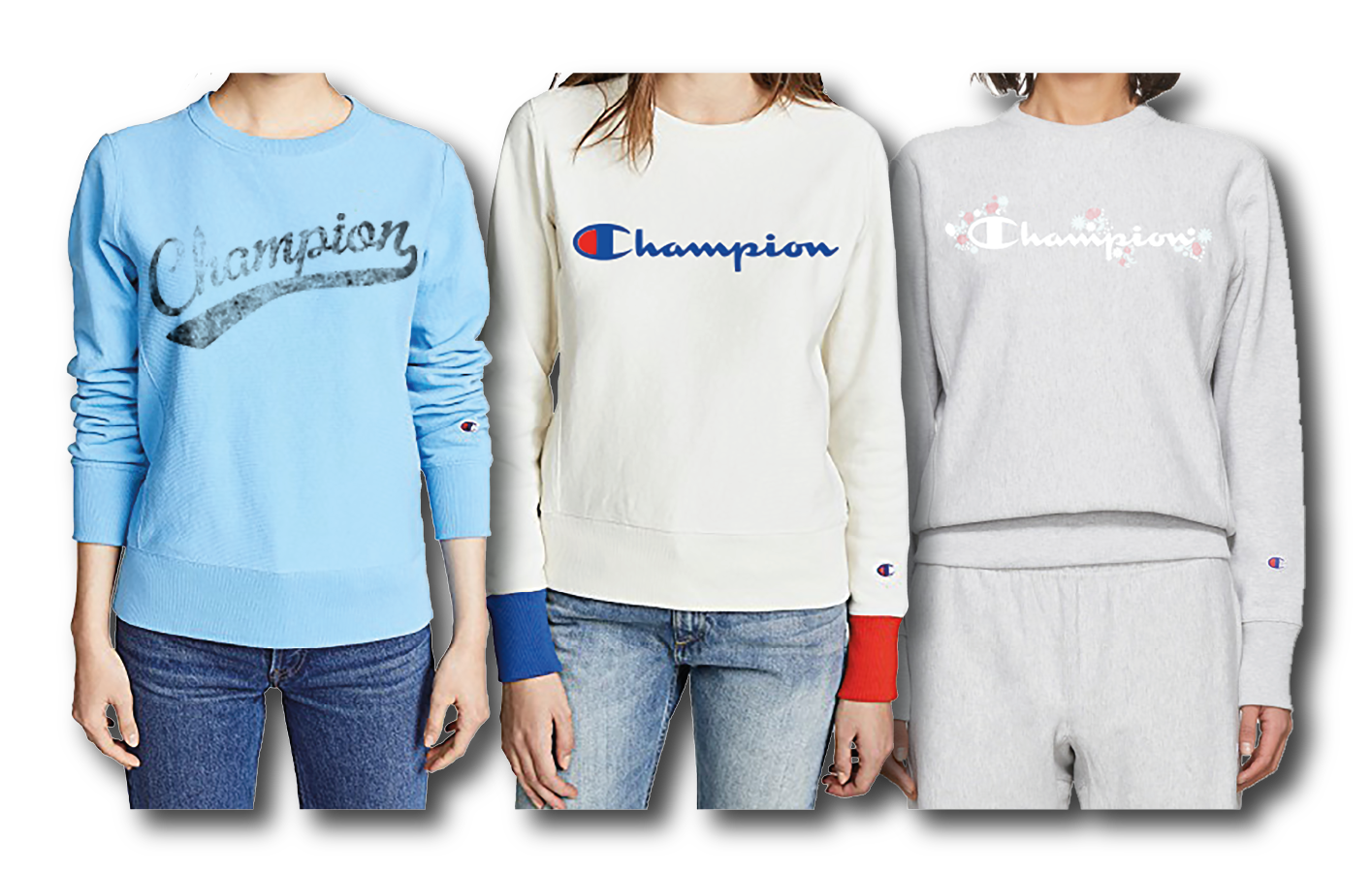 Champion logo graphic design sportswear and activewear sweatshirts on models.