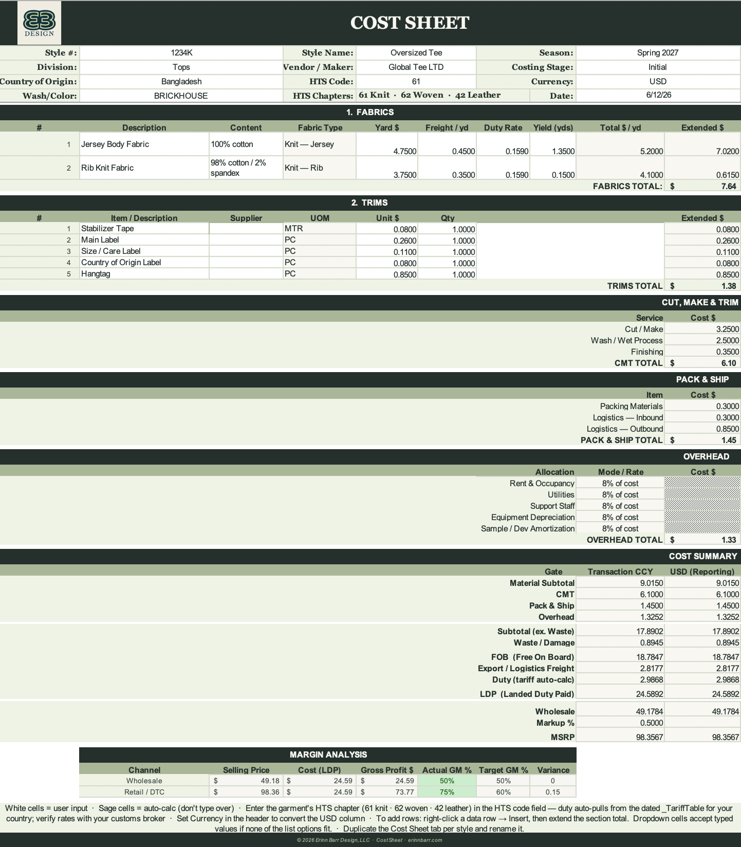 Apparel Cost Sheet Template — Cost Sheet tab