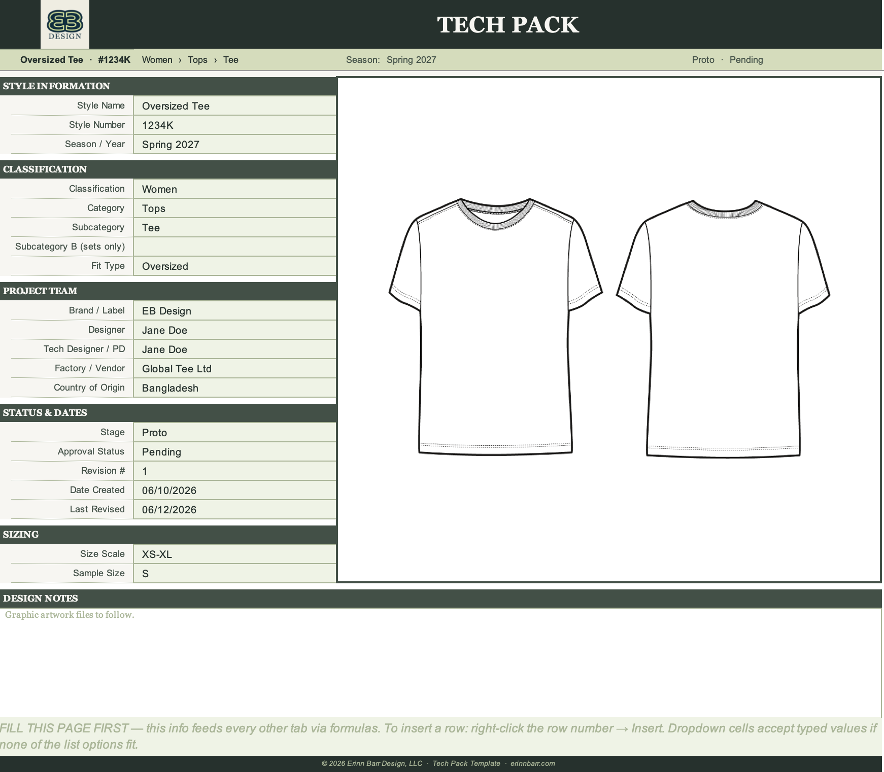 Apparel Tech Pack Template — Cover Page tab