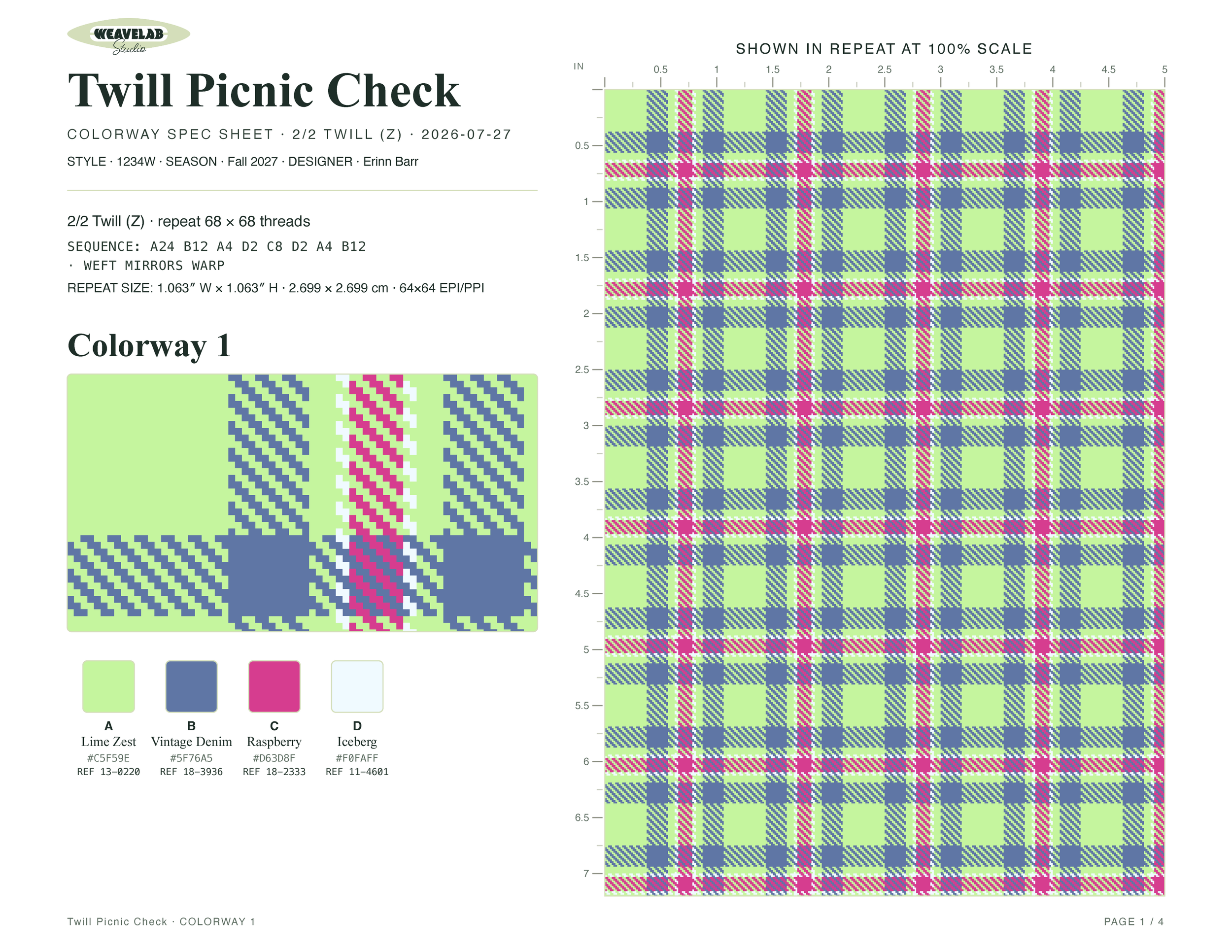 WeaveLab Studio — colorway spec sheet shown in repeat at 100% scale