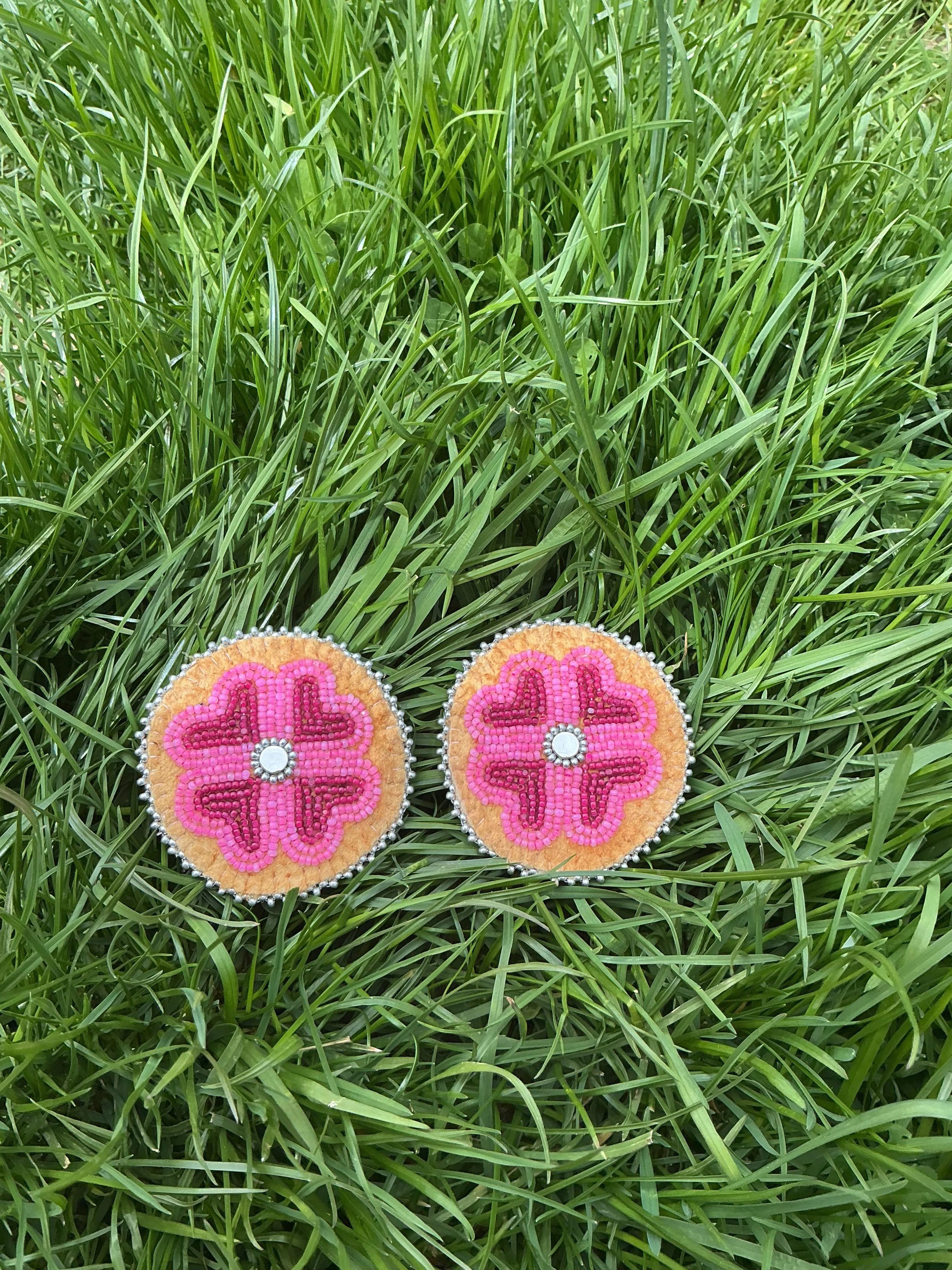 Pink and silver beaded floral earrings
