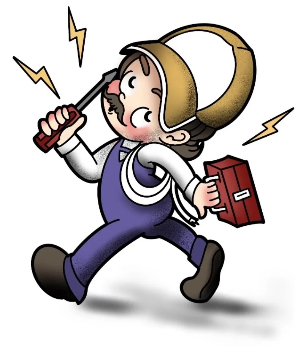Cartoon electrician wearing a helmet, holding a screwdriver and a toolbox, surrounded by lightning bolts.