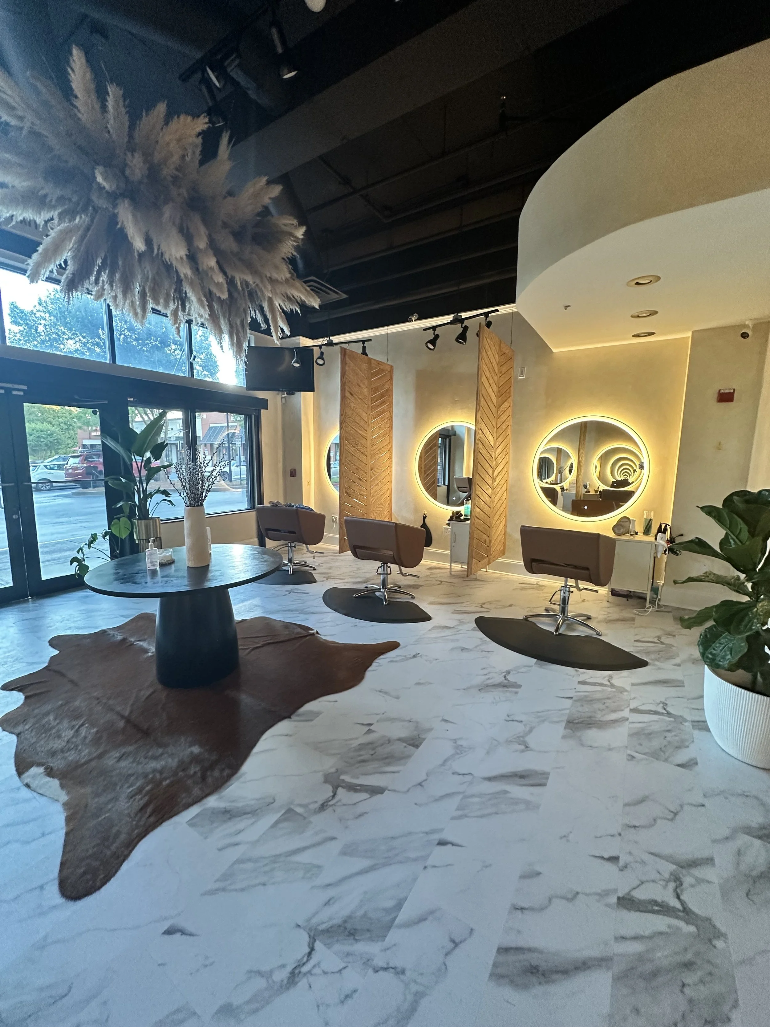 Modern hair salon with three styling stations featuring mirrors with backlit halos, letting in natural light through large windows, decorated with plants, a cowhide rug, and a hanging pampas grass arrangement.