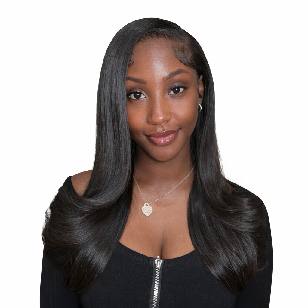 A young woman with long, straight black hair, wearing a black top with a zipper and a heart-shaped necklace, smiling softly.
