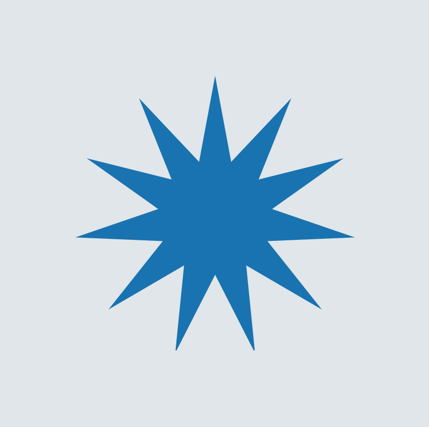 A blue starburst shape on a light gray background.