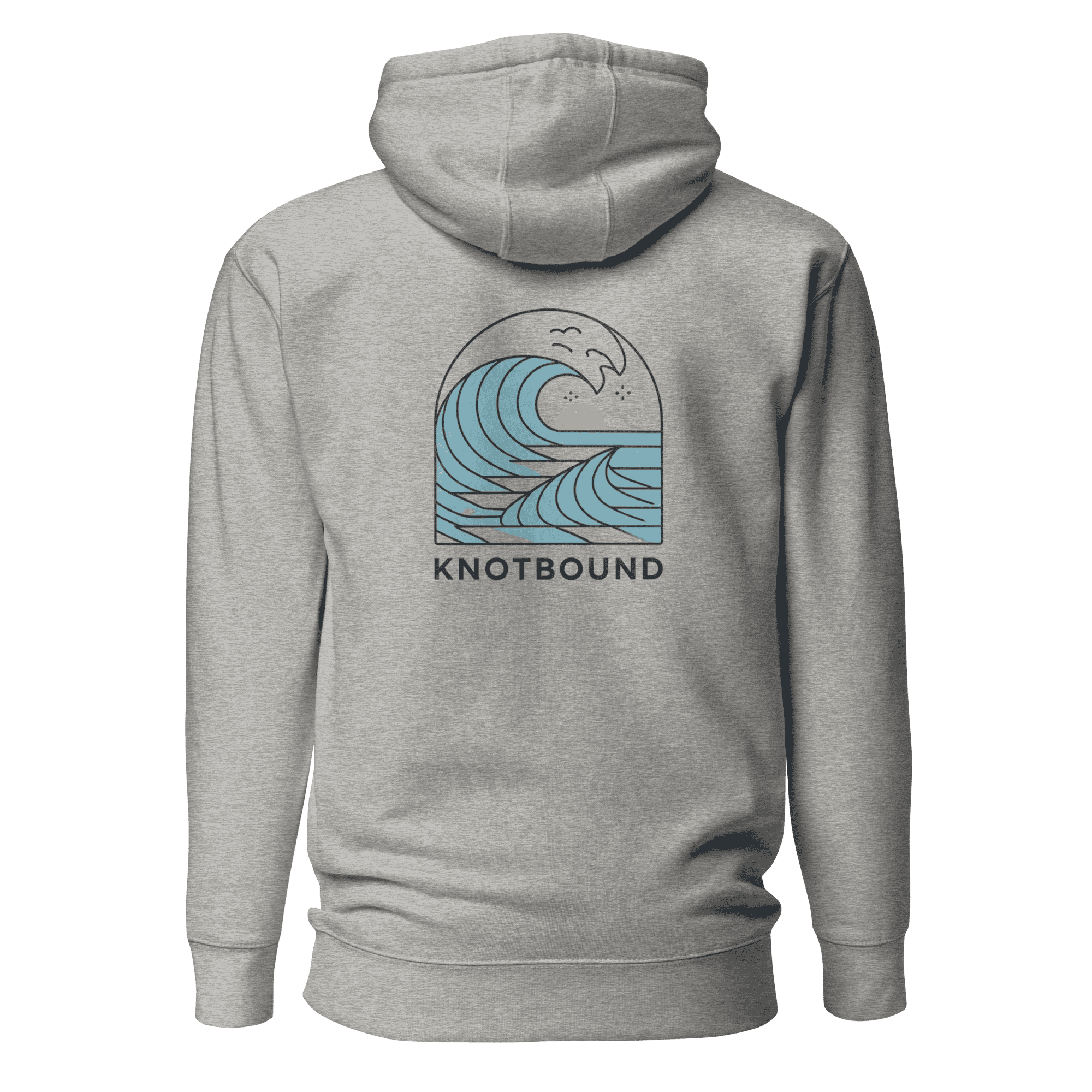 Heather grey hoodie with Knotbound ocean wave arch graphic on back