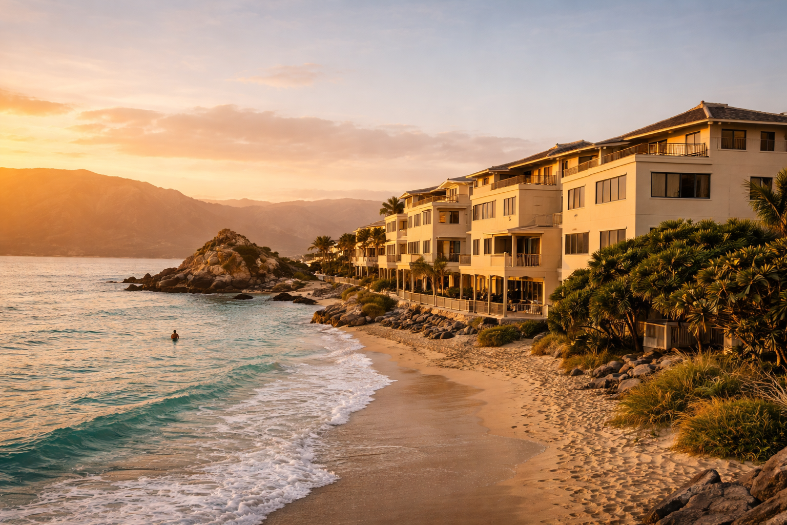 Beachfront scene during sunset with a person swimming in the water, sandy beach, rocks, and modern multi-story buildings with balconies along the shore, mountains in the background, and palm trees.